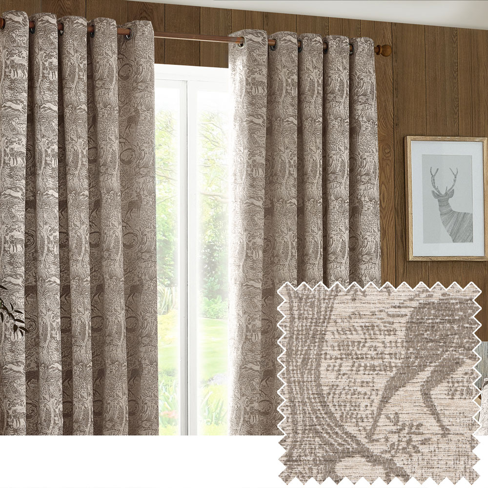 furn. Winter Woods Taupe Animal Chenille Eyelet Curtains 168 x 229cm Image 2