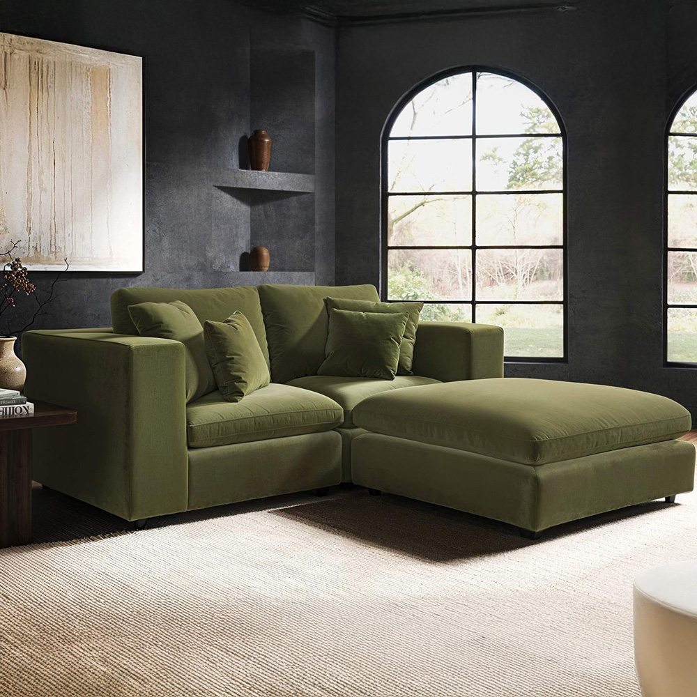 Solace+Co Asher 3 Seater Khaki Green Velvet Sofa with Footstool Image 1