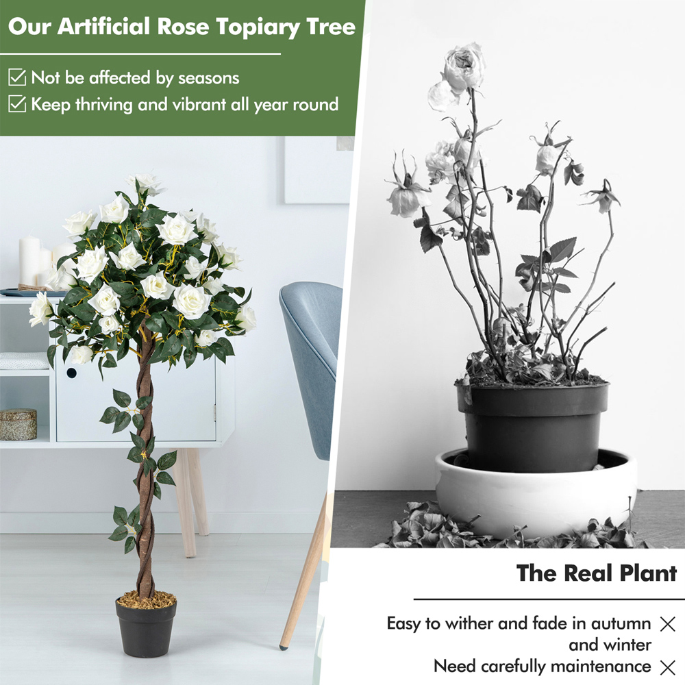 Costway White Flowers Rose Tree Artificial Plant In Pot 3.9ft Image 6