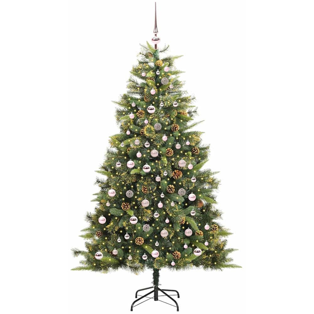 vidaXL Pre-Lit Pink Baubles and Pinecones Green Artificial Christmas Tree 7ft Image 1