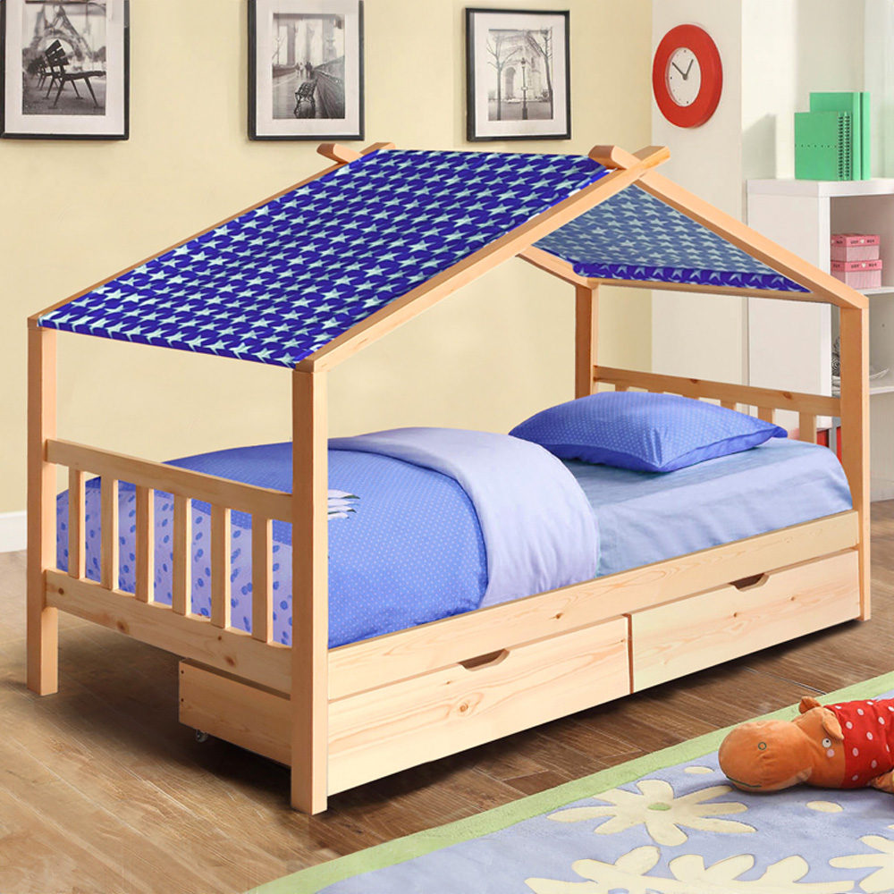 Brooklyn Single Natural Wooden House Storage Bed with Blue Tent Image 1
