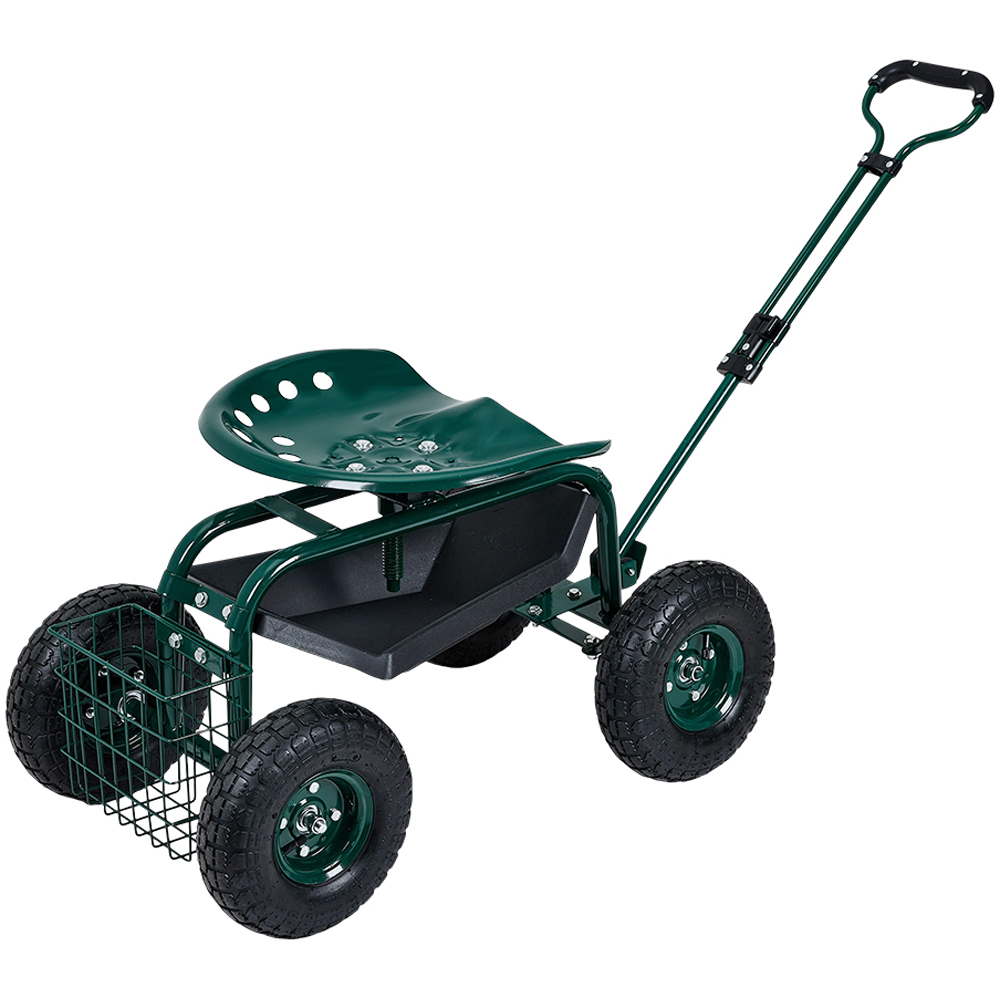 Living and Home Green Adjustable Rolling Garden Cart with Seat and Basket Image 1