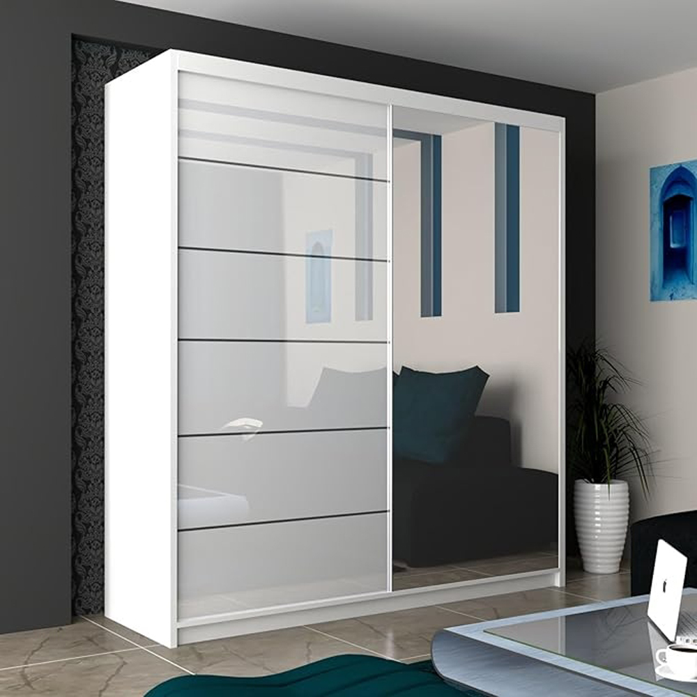 M N Furniture Inovo 2 Door White High Gloss Mirrored Sliding Wardrobe 180cm Image 3