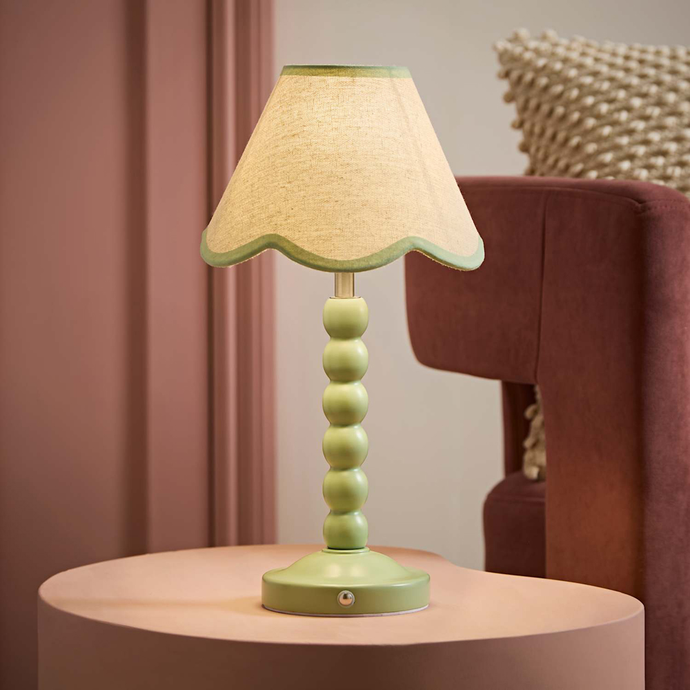 ValueLights Bobble Green Scallop Shade Green Rechargeable Wooden LED Table Lamp Image 6