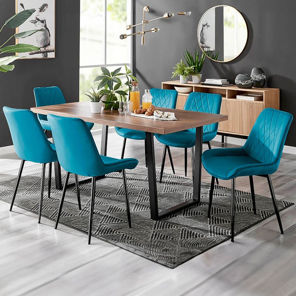 Furniturebox Solo Cesano 6 Seater Dining Set Brown Blue and Black Image 1