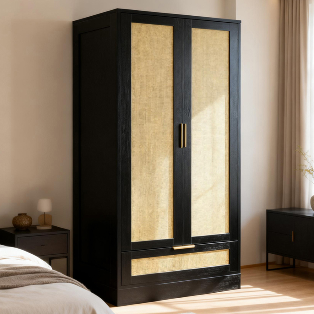 Langham 2 Door Single Drawer Black Rattan Fluted Wardrobe Image 1