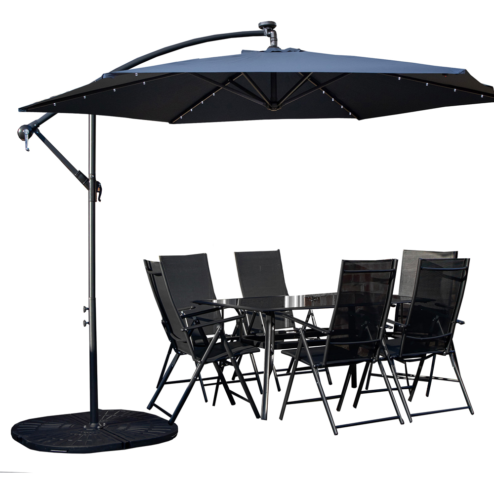 Samuel Alexander 6 Seater Glass Top Outdoor Dining Set with Blue Banana Lit Parasol and Base Image 2