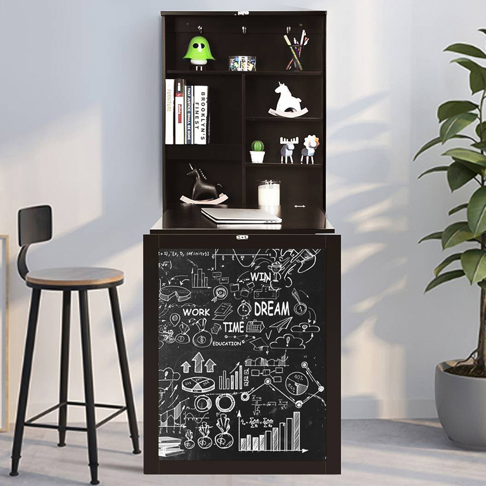 Costway 6 Shelf Wall Mounted Foldable Desk Brown Image 1