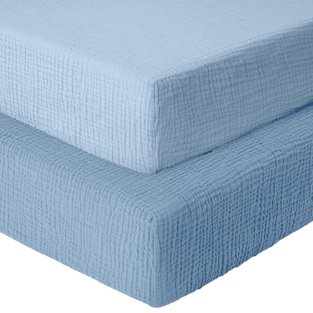 MHG Living Blue and Light Blue Cotton Muslin Fitted Cot Bed Sheet 140 x 70cm 2 Pack Image 1