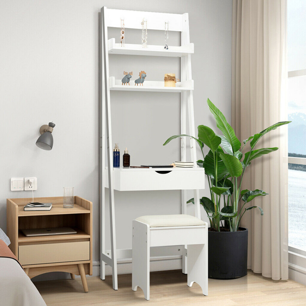 Costway 2 Shelf Ladder Dressing Table Set with Fold Up Mirror Image 1