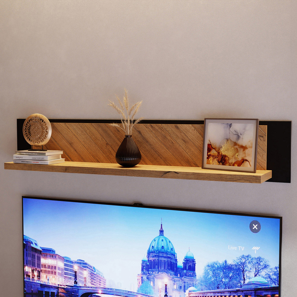 Florence Nikomedes 140cm Bartex Oak and Black Wall Shelf Image 1