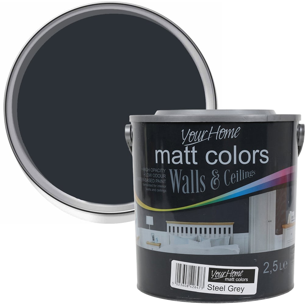 Your Home Walls & Ceilings Steel Grey Matt Emulsion Paint 2.5L Image 1