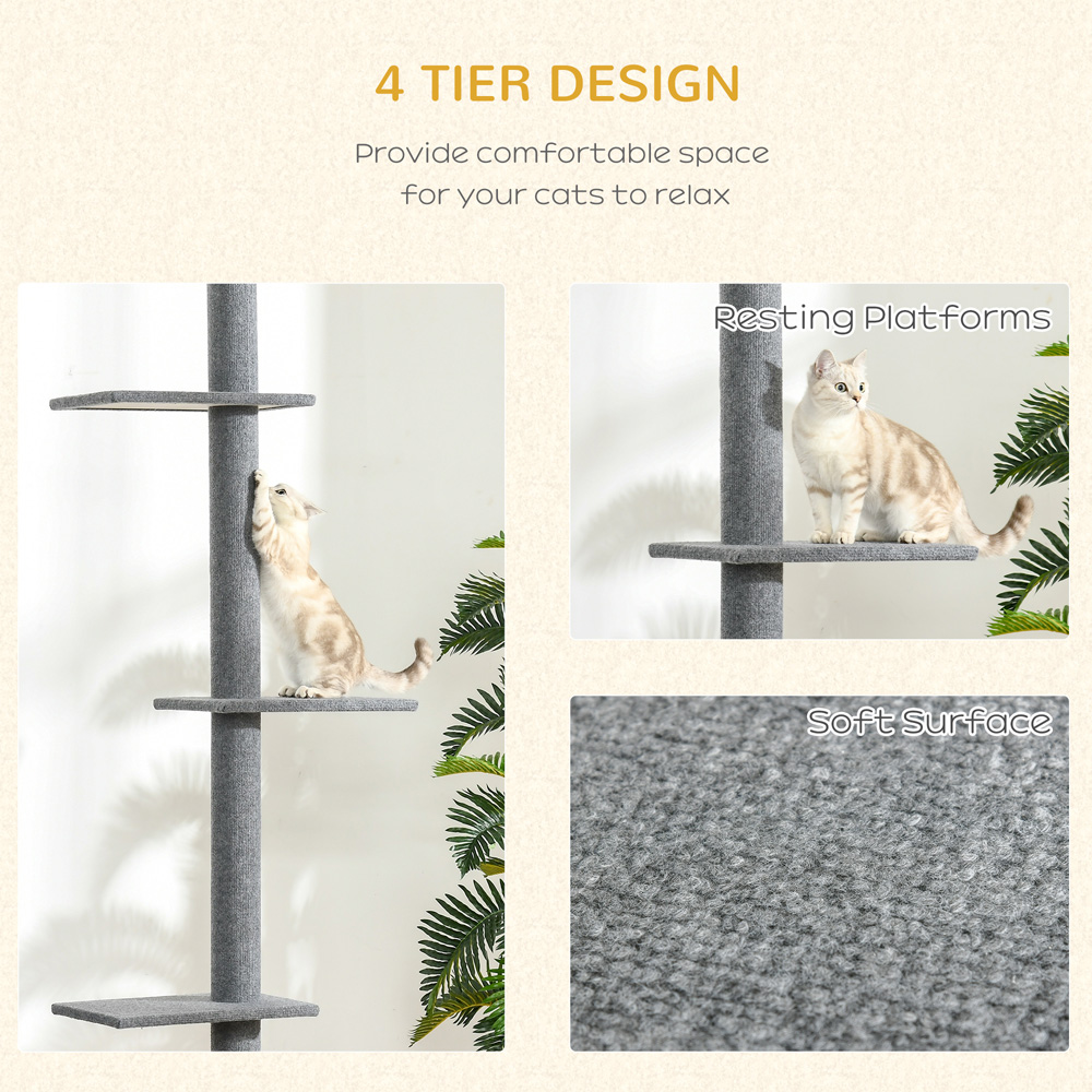 PawHut 260cm Grey Floor To Ceiling Cat Tree Kitten Tower Image 6