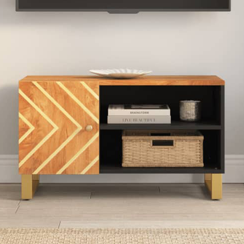 vidaXL Single Door 2 Shelf Brown and Black Solid Mango Wood TV Cabinet Image 1
