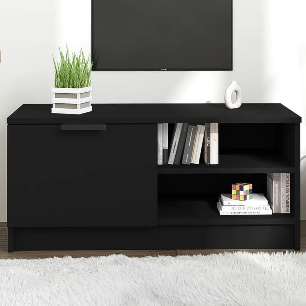 vidaXL Single Door 2 Shelf Black Wooden Compact TV Cabinet Image 1