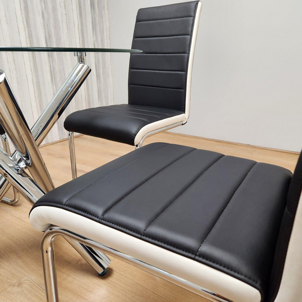 Portland 4 Seater Leather Clear Glass Round Dining Set Black and White Image 2