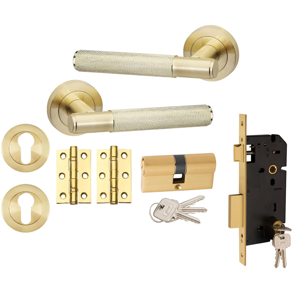 Golden Grace Knurled T-Bar Satin Brass Door Handles Euro Lock and Barrel Key Set 70mm Image 1