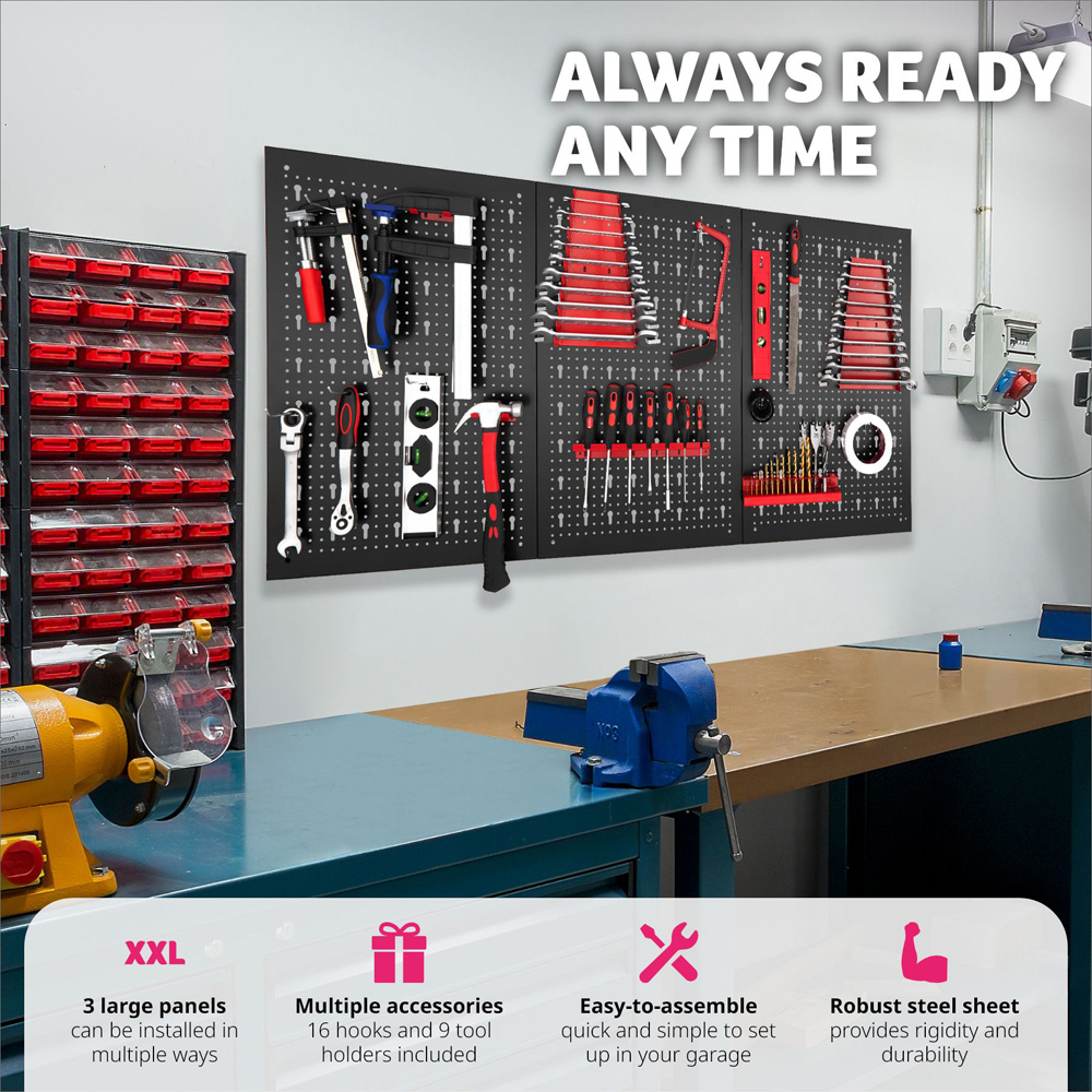 Tectake Black and Red Pegboard with 25 Hooks and Brackets Image 2