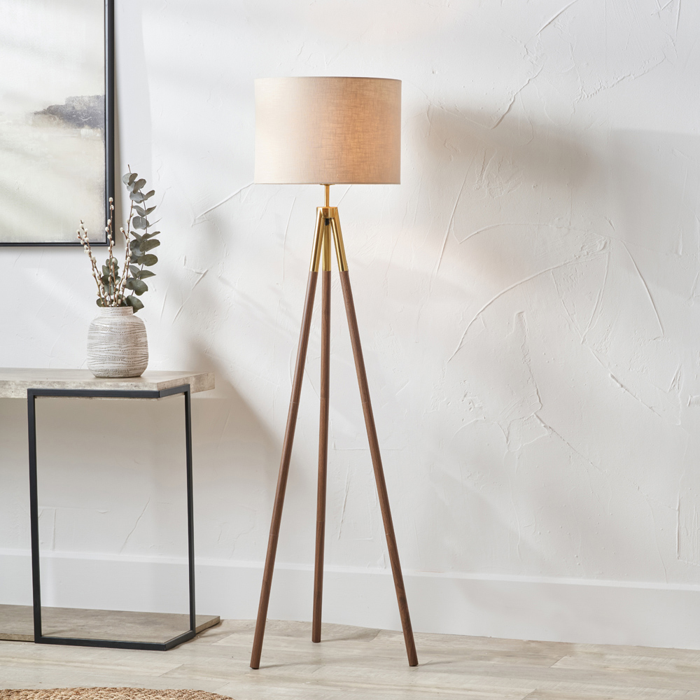 Pacific Lifestyle Vali Gold Metal and Brown Wood Grain Tripod Floor Lamp Image 2