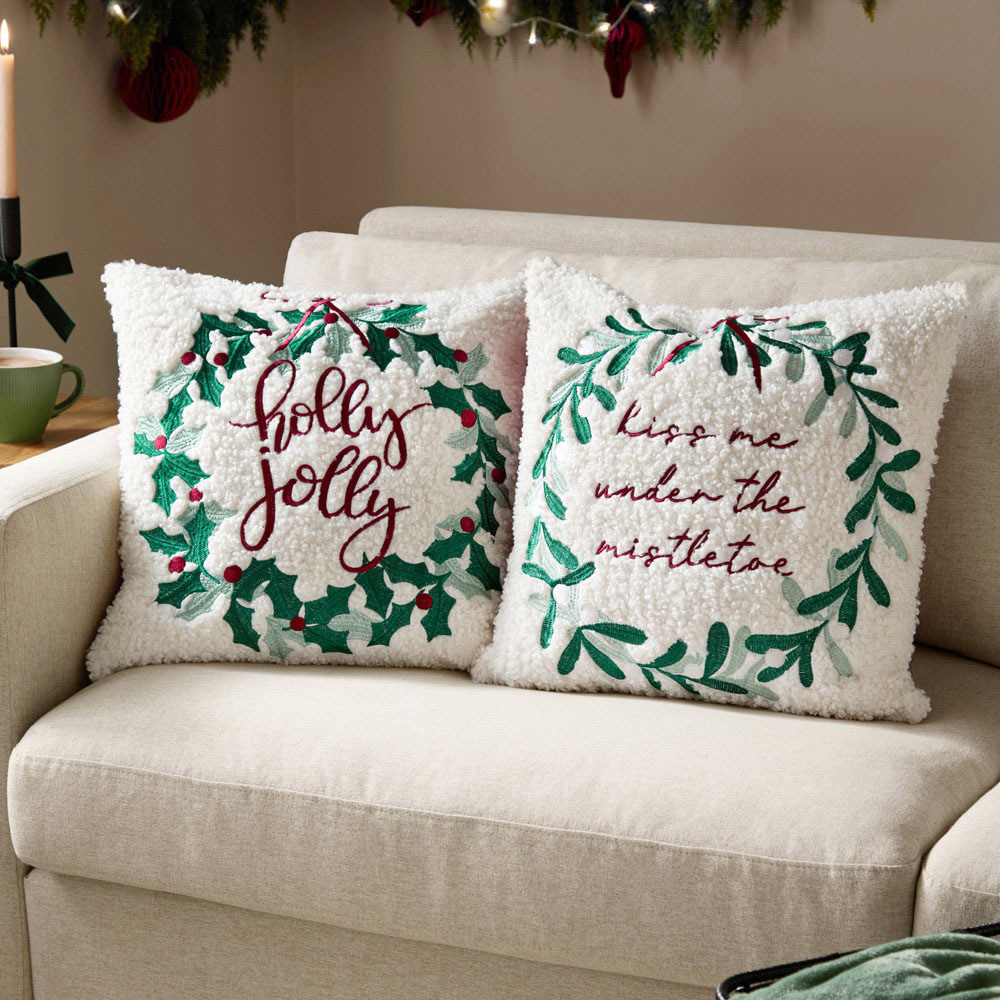 Furn Holly Wreath Embroidered Boucle Reversible Cushion 45 x 45cm Image 6