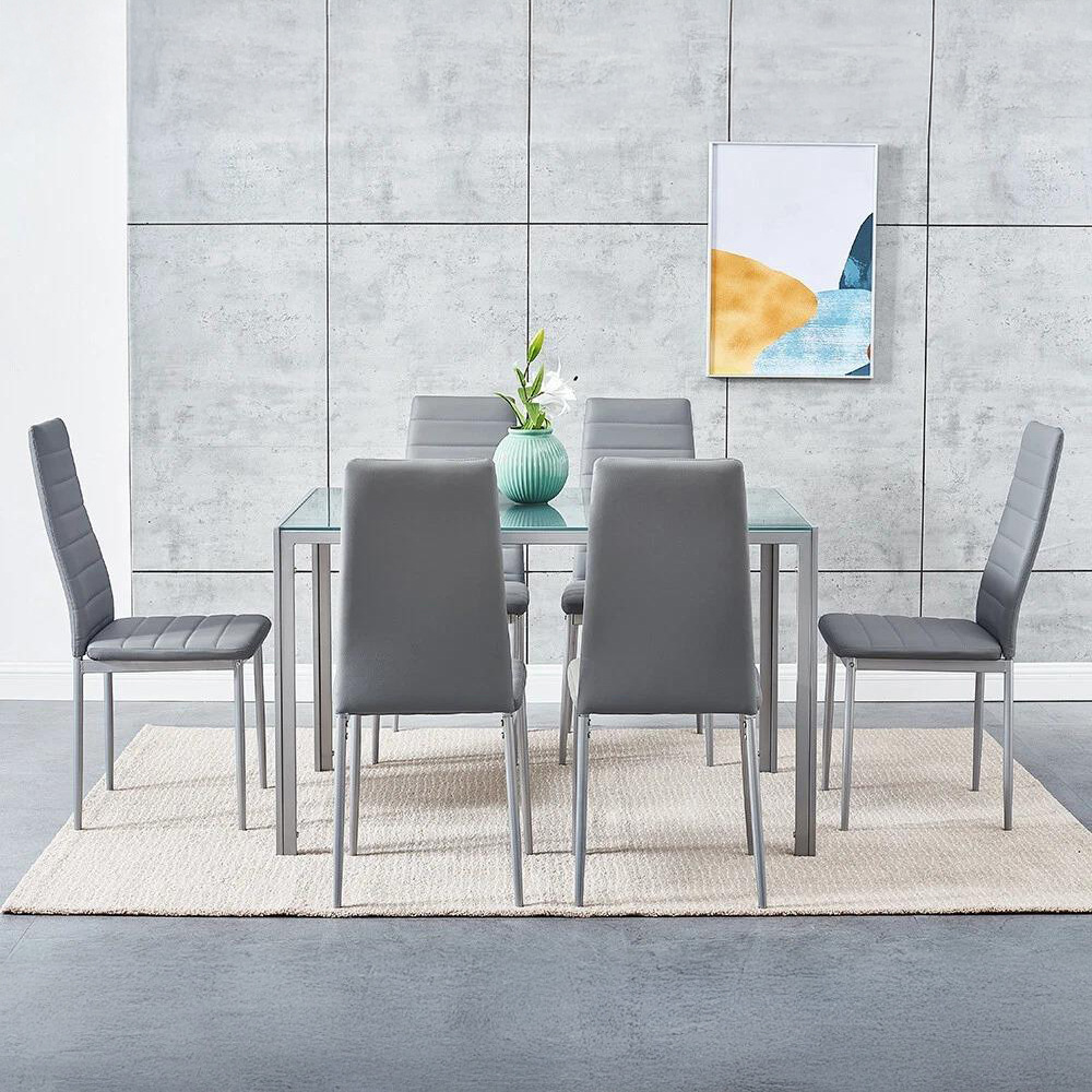 Kosy Koala 6 Seater Faux Leather Glass Dining Set Grey Image 6