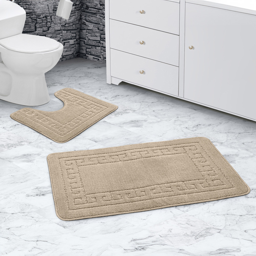 Velosso Greek Key Beige Bath Mat Set Image 2