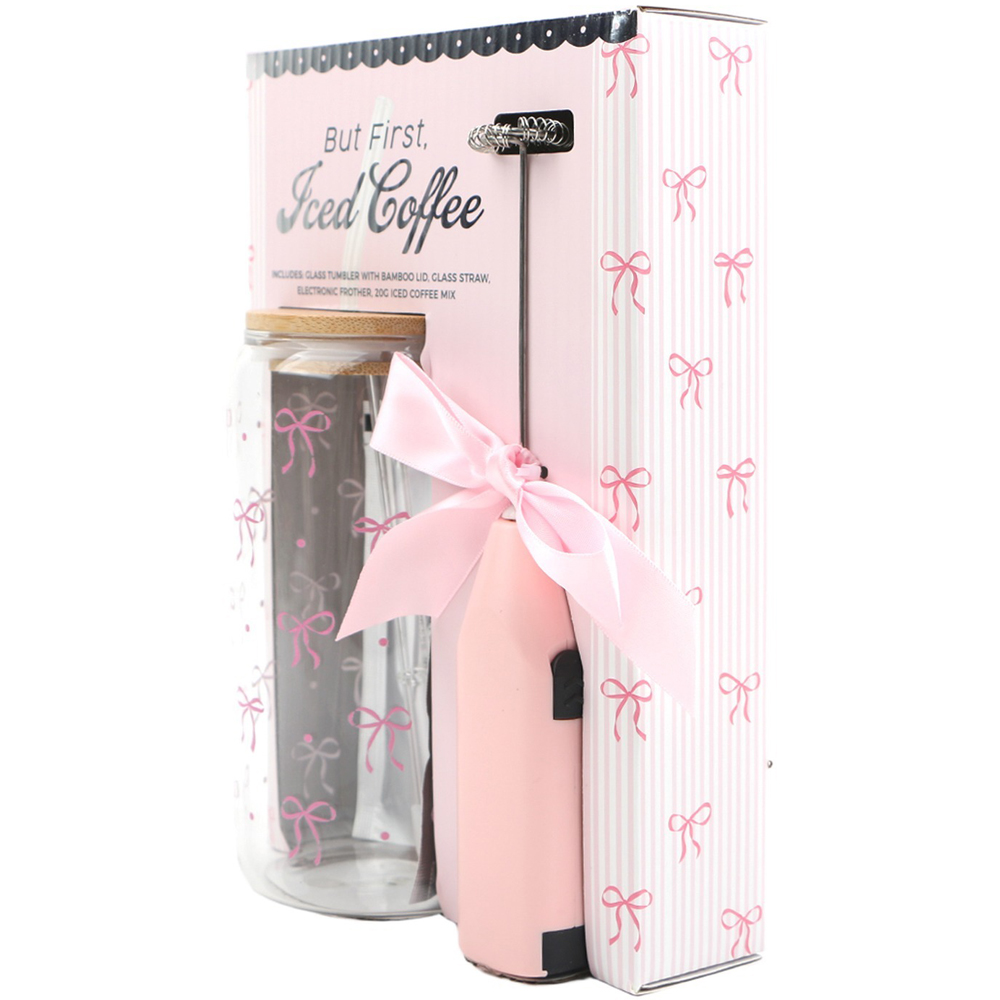Bow Design Iced Latte Glass and Frother Set Pink Image 2