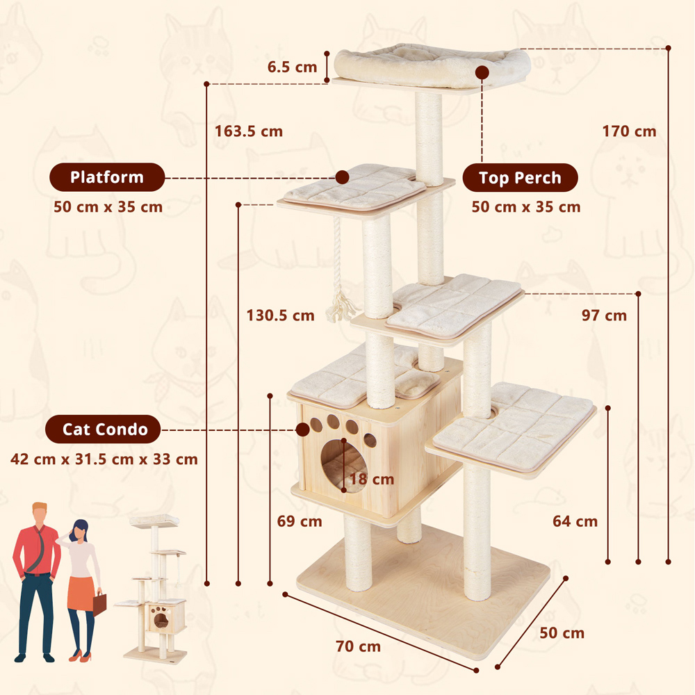 Costway Natural Cat Tree Tower with Scratching Posts Image 9