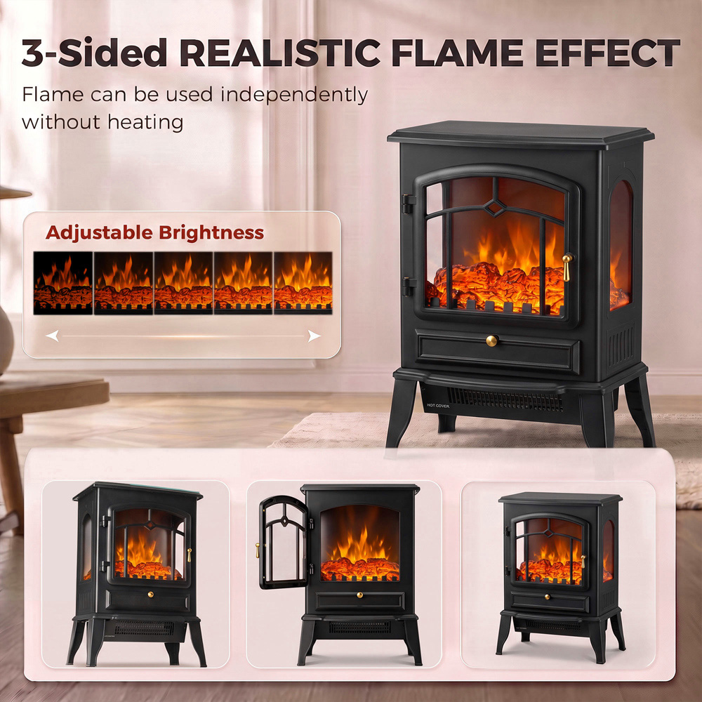 HOMCOM 3-Sided Black Electric Fireplace Stove with Realistic Log Flame Effect Image 4