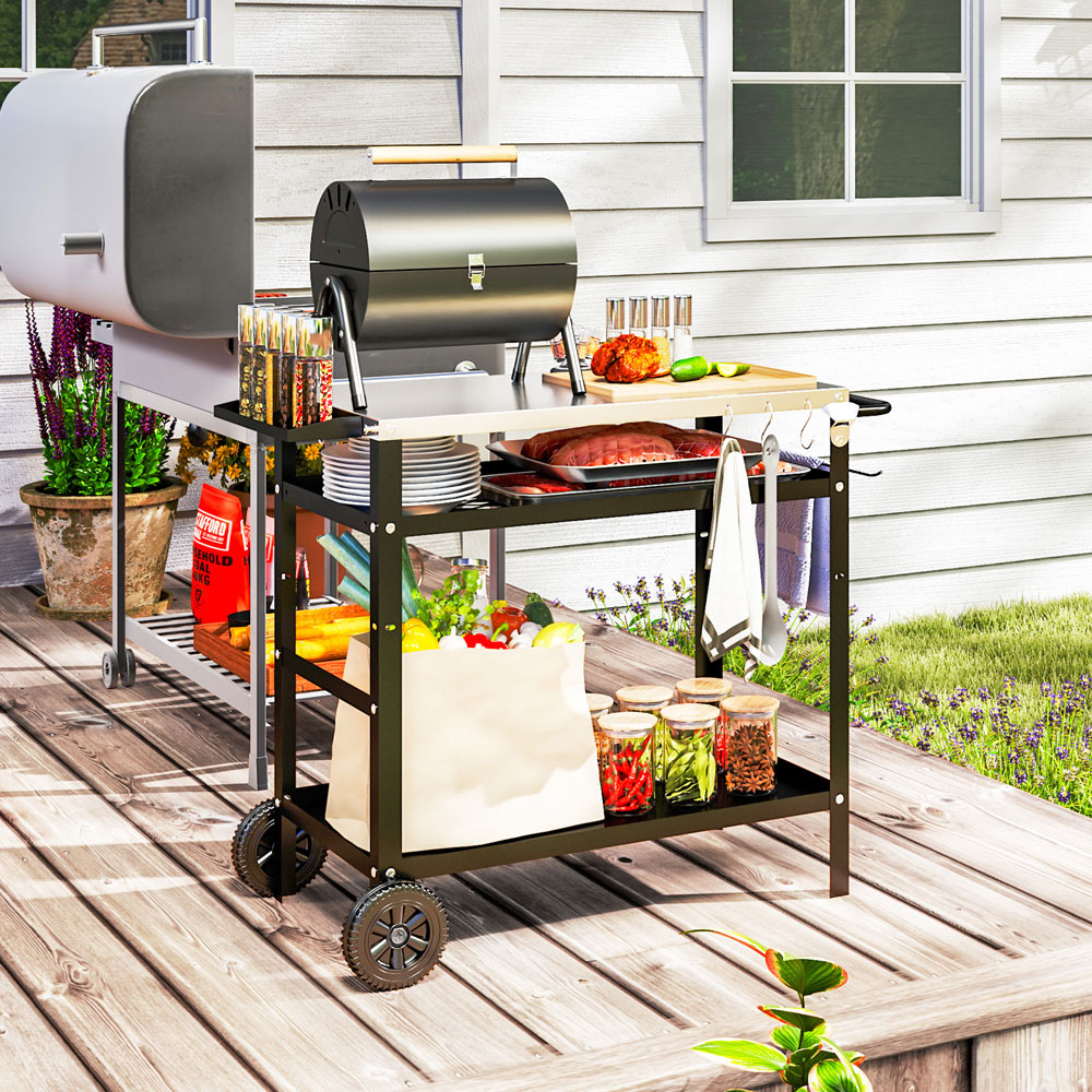 Outsunny Black Stainless Top Barbecue Trolley with Movable Pizza Table Image 5