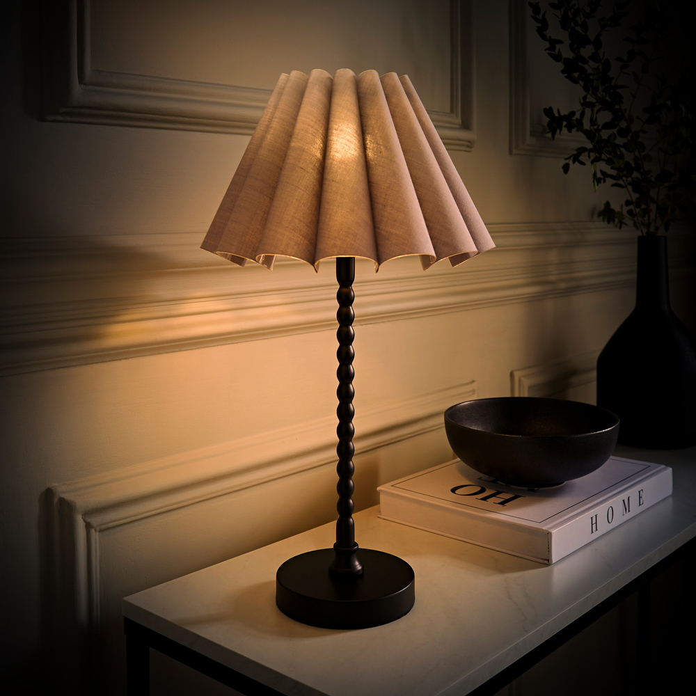 ValueLights Maeve Grey and Black Scallop Pleated Tapered Shade Bobbin Bobble Table Lamp and Bulb Image 6