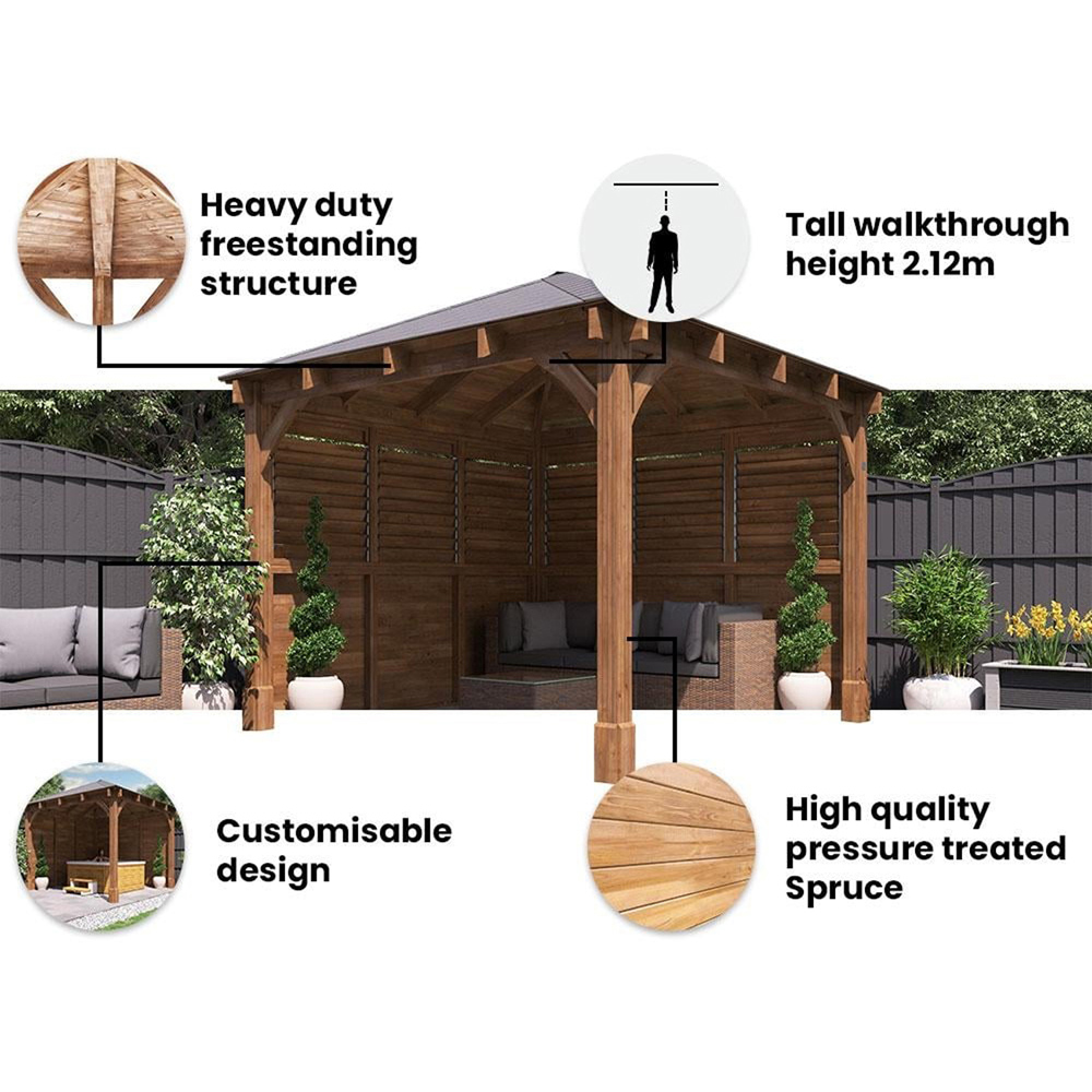 Dunster House Leviathan 3 x 3m Brown Louvre Wall Garden Gazebo with Heavy Duty Roof Shingles Image 5