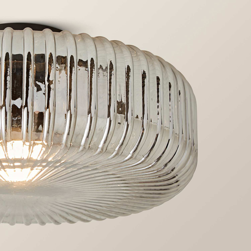 ValueLights Calpe Ribbed Smoked Shade Large Matte Black Flush Ceiling Light with Bulb Image 4