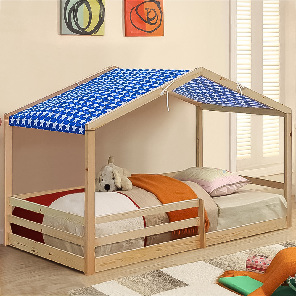 Brooklyn Single Natural Wooden House Style Bed with Blue Tent Image 1