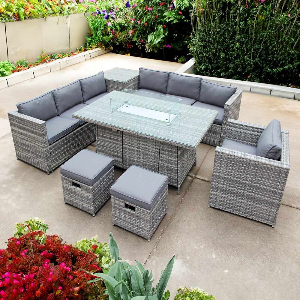 Oseasons Malta 9 Seater Mixed Grey and Grey Rattan U-Shaped Sofa Set with Firepit and Cushions Image 1