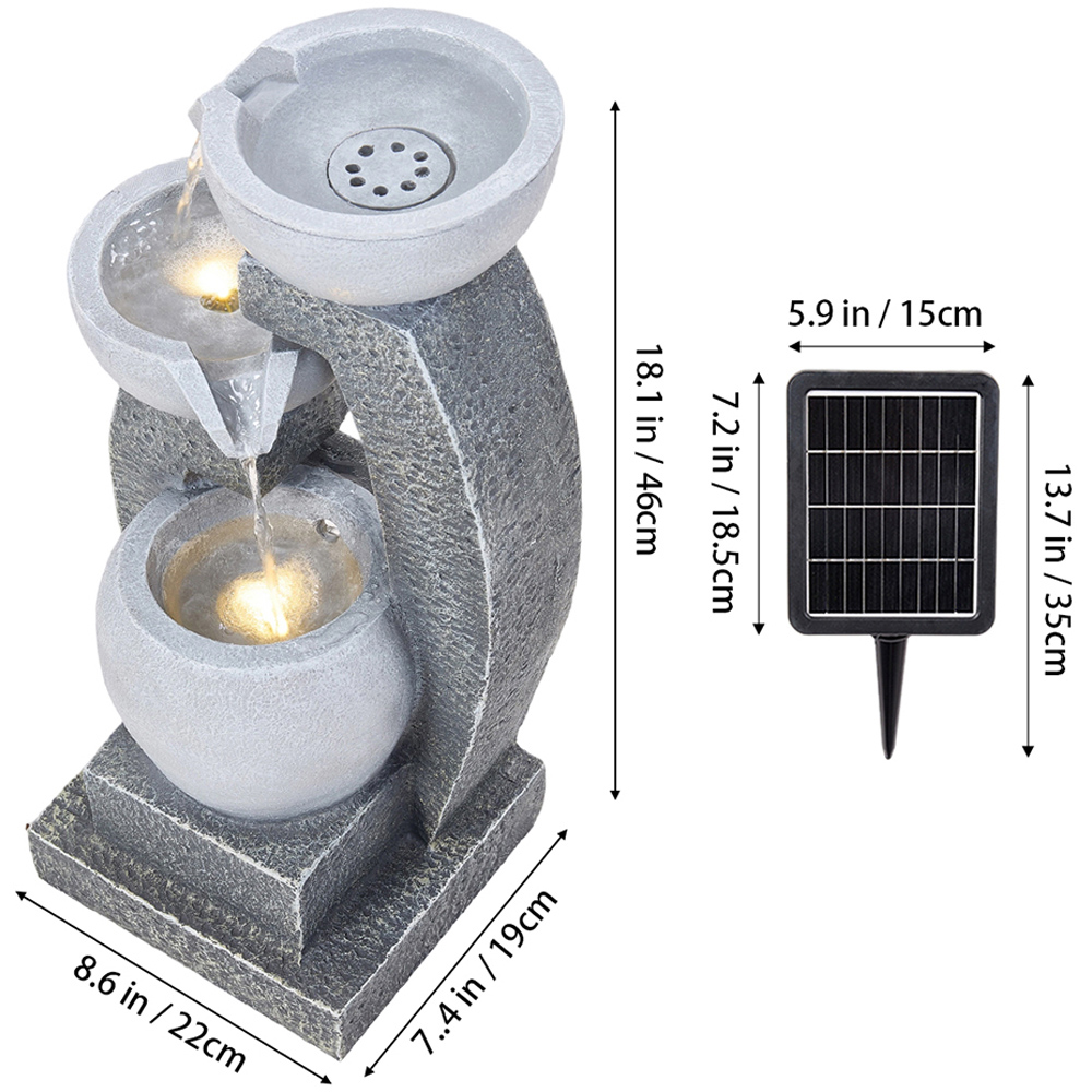 Living and Home 3-Tier Stone Effect Cascading Bowl Solar LED Water Feature Image 5
