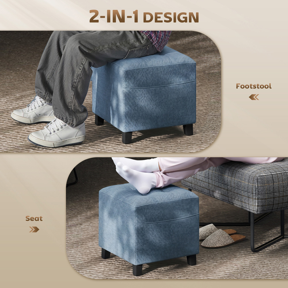 HOMCOM Dark Blue Small Ottoman Pouffe Stool with Side Pocket Image 8