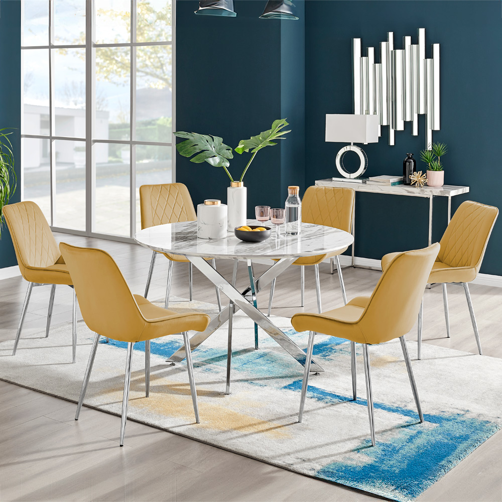 Furniturebox Arona Cesano Marble Effect 6 Seater Dining Set White Chrome and Mustard Image 1