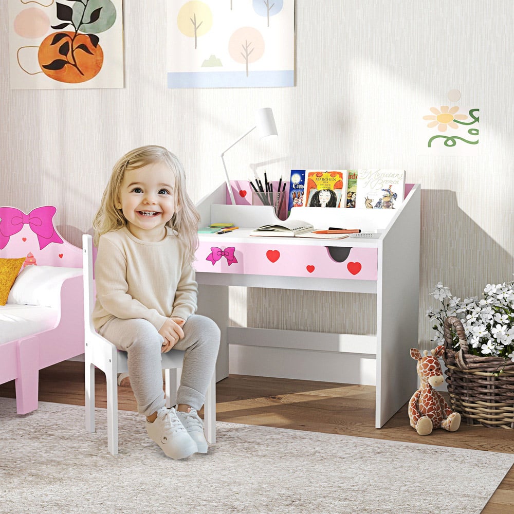 AIYAPLAY Single Drawer Pink Kids Study Table and Chair Set Image 5