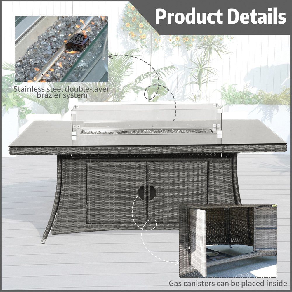 Direct Wicker 6 Seater Grey Rattan Rectangular Fire Pit Dining Table with Glass Top Image 5