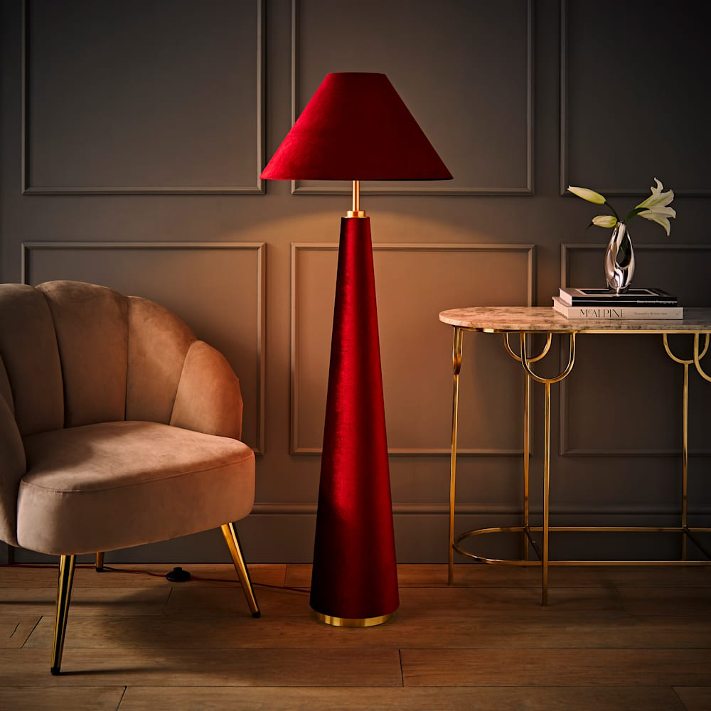 ValueLights Martha Conical Burgundy Velvet Midi Floor Lamp and Bulb Image 2