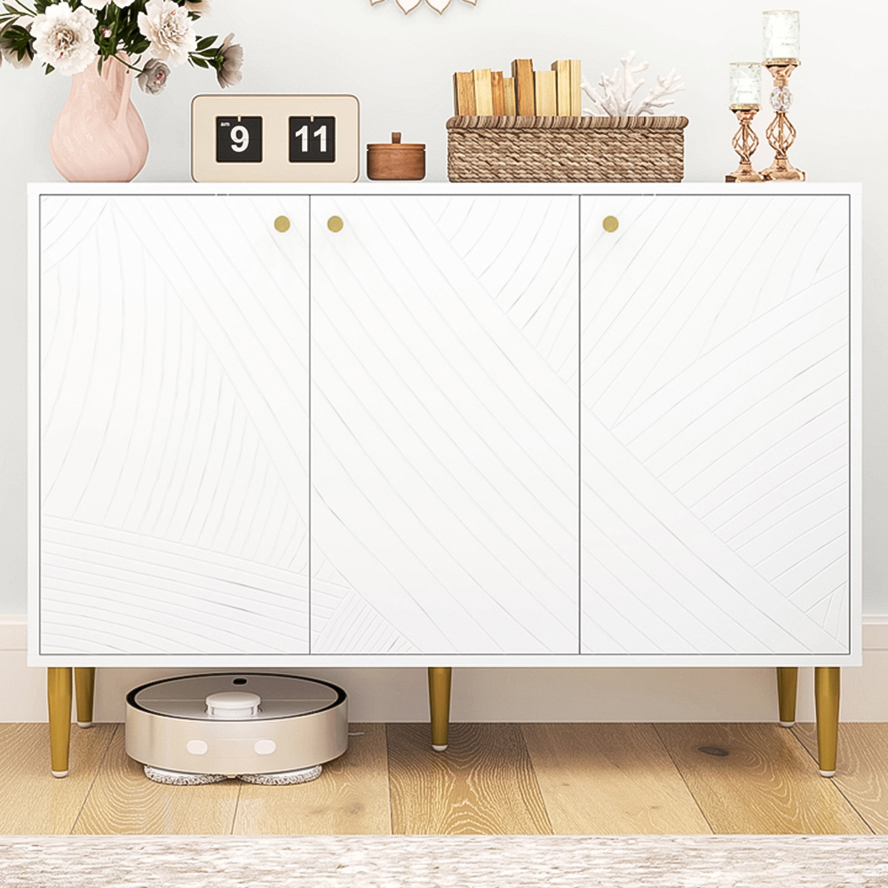 HOMCOM White 3 Carved Line Doors Storage Cabinet with 5 Legs Image 1