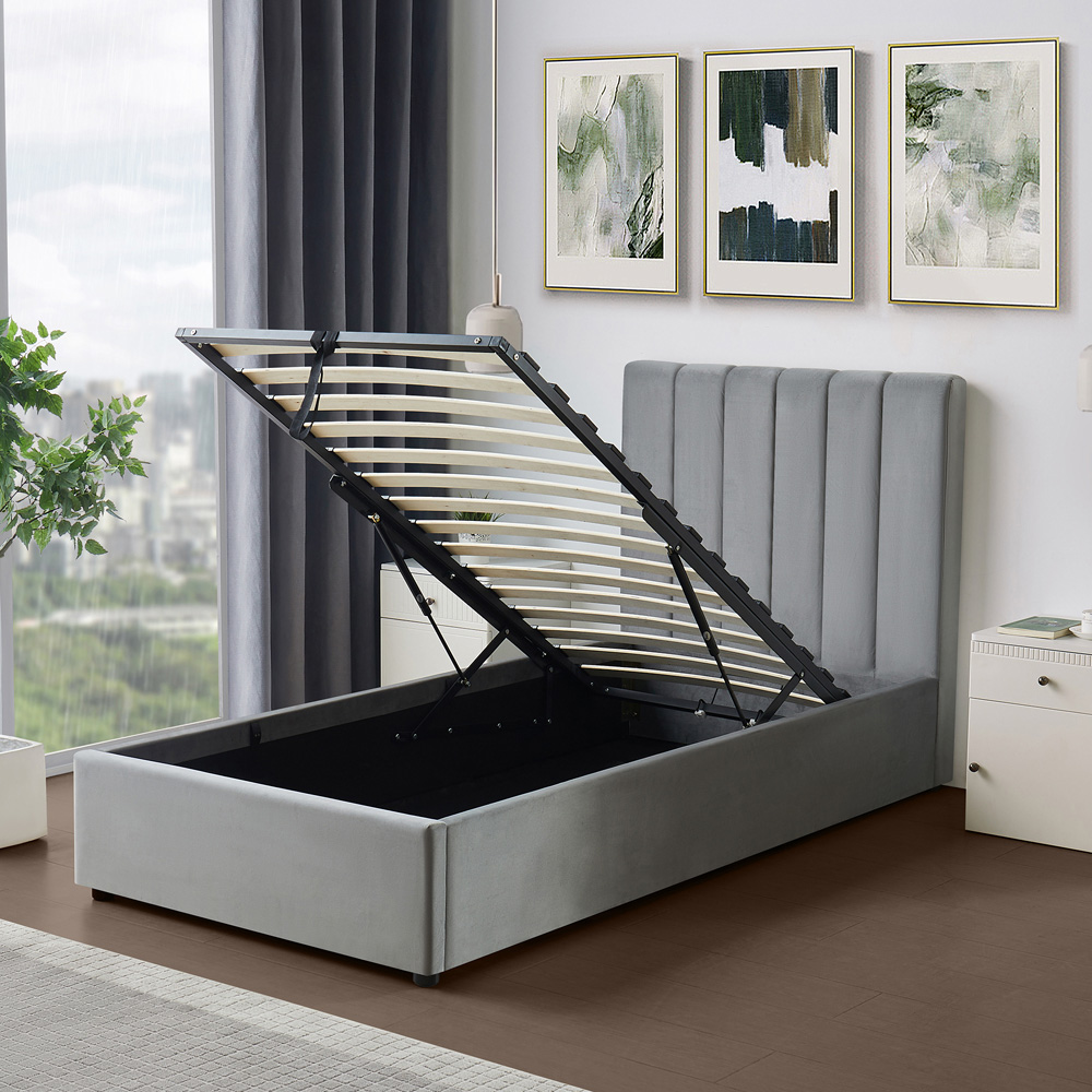 Brooklyn Corwin Single Grey Velvet Ottoman Bed Image 3
