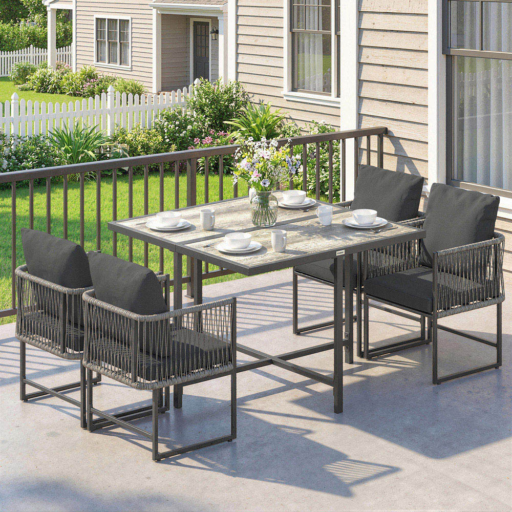 Outsunny 4 Seater Rattan Wood Effect Tabletop Garden Dining Set Black Image 3