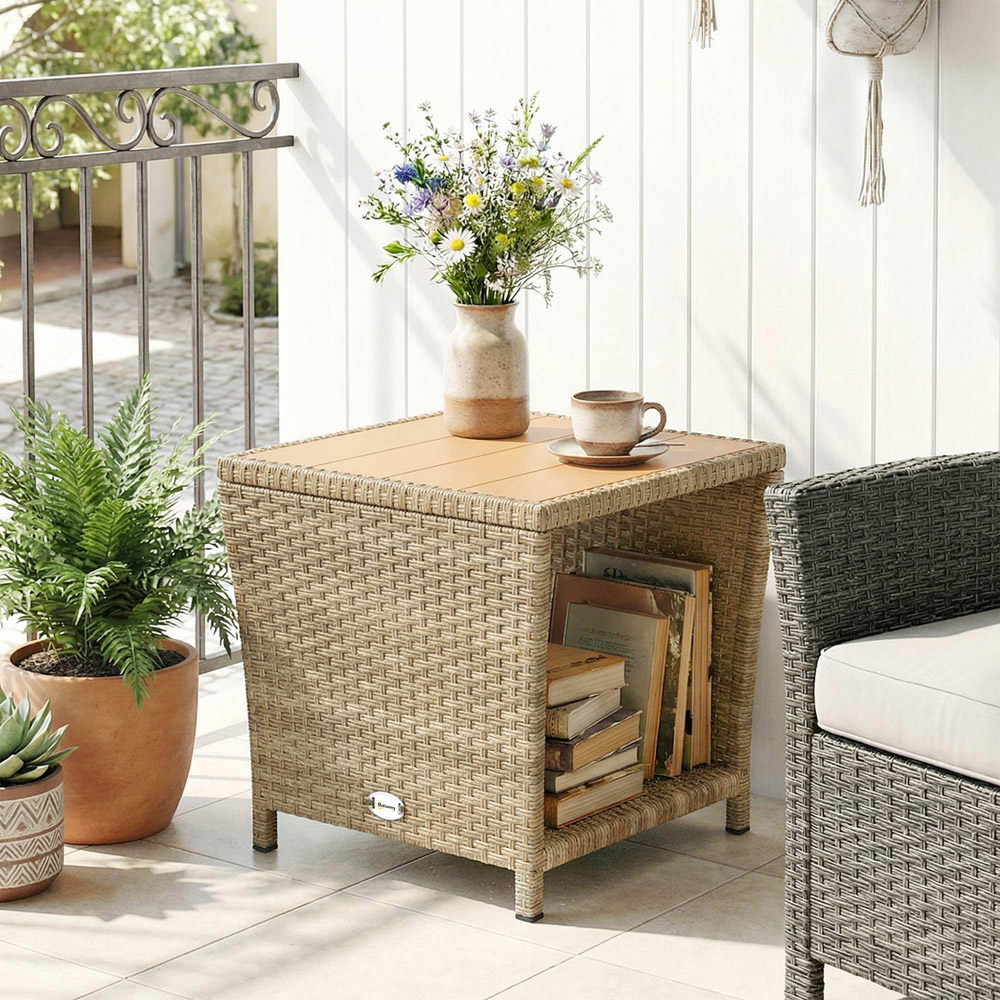 Outsunny Single Shelf Khaki Rattan Side Table Image 3