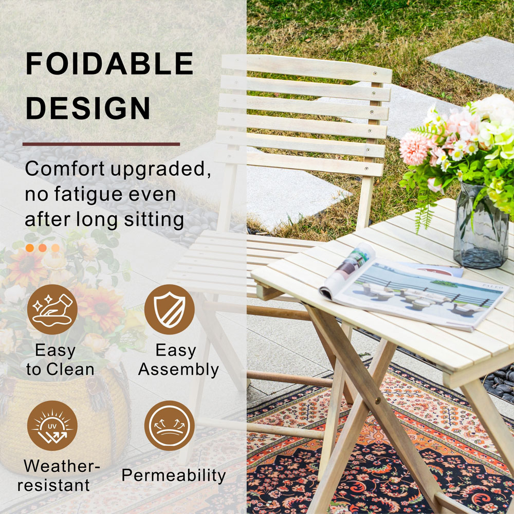 Direct Wicker 2 Seater Sanded Natural Finish Wooden Square Foldable Bistro Set Image 5