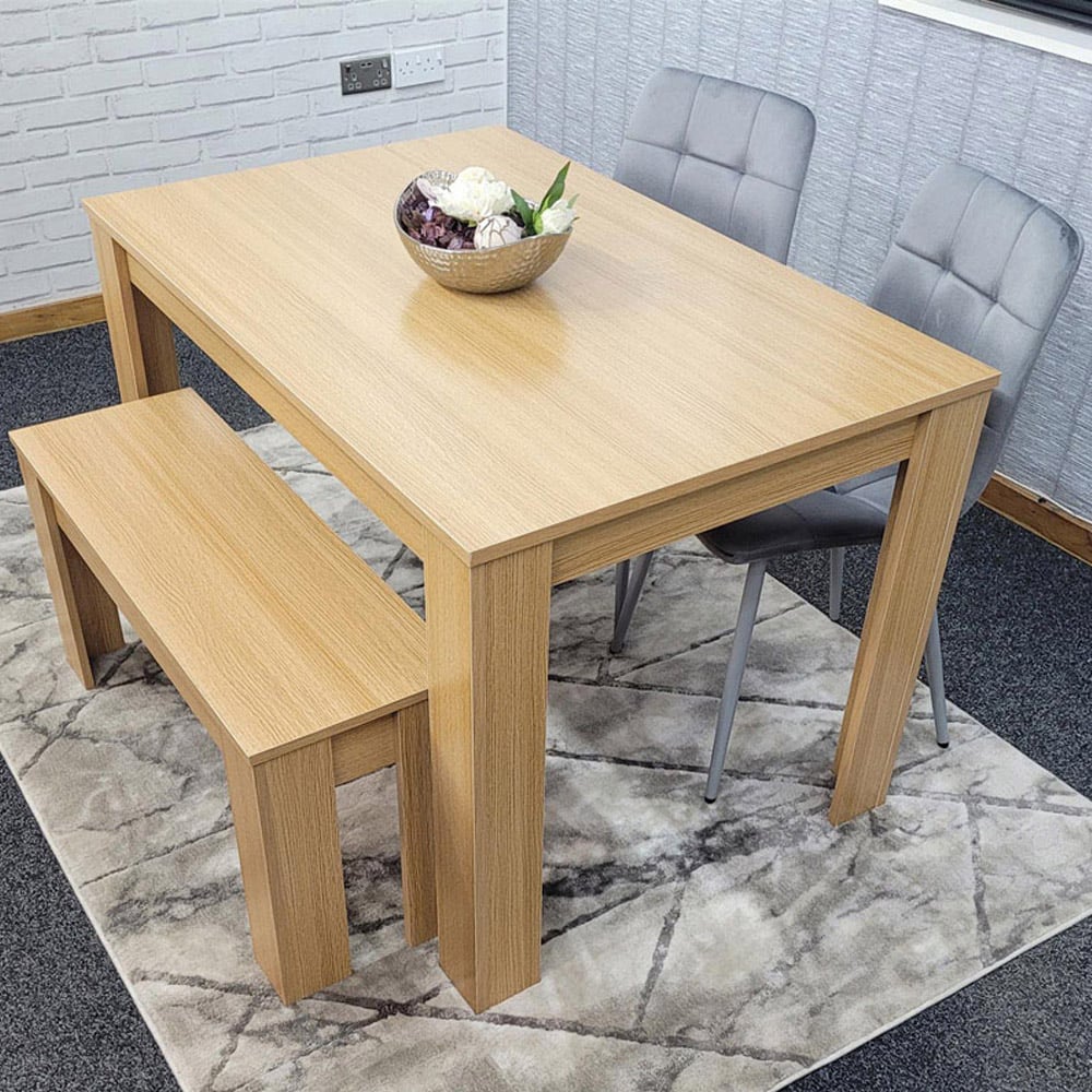 Portland 4 Seater Velvet Dining Bench Set Oak Effect and Grey Image 1