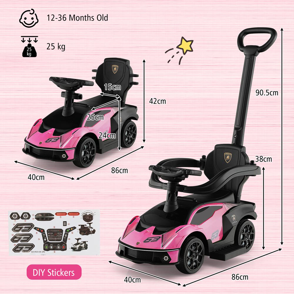 Costway Kids Pink Licensed Lamborghini Ride On Push Car with Removable Guardrails and Handle Image 8