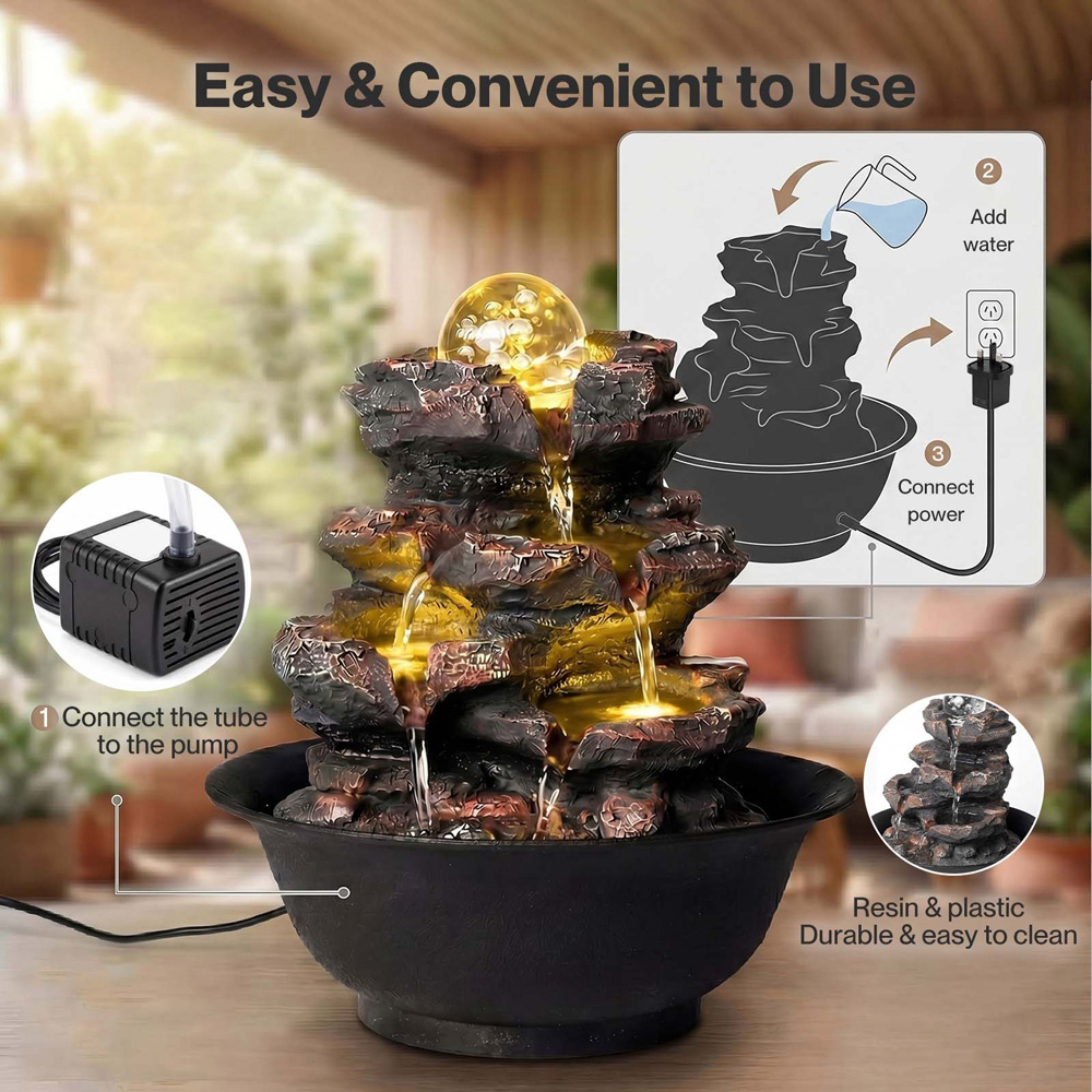 Spector Brown Resin Indoor Tabletop Water Fountain with LED Glass Ball Image 7