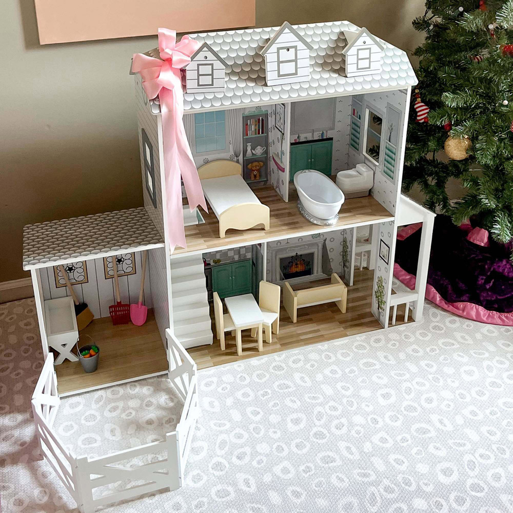 Teamson Kids White and Grey Dreamland Farmhouse 14 Pieces 2 Storey Doll House Play Set Image 6